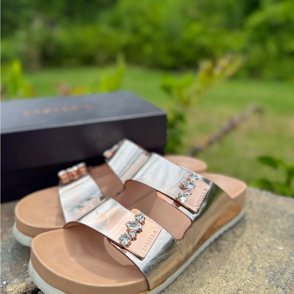 Le Silla Rose Gold Metallic Slide Sandals with Crystal Detail – EU 38 / US 7.5 - Picture 3 of 11